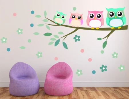 Naklejka na ścianę - kwiatowa akademia sówek