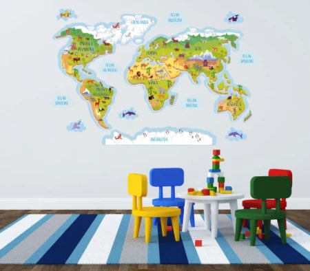 Naklejka na ścianę - mapa świata ze zwierzątkami
