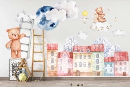 Naklejka na ścianę - misie domki