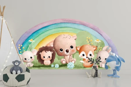 Naklejka na ścianę - zwierzątka pod tęczą