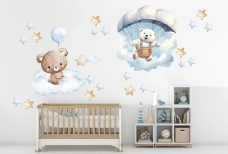 Naklejka na ścianę - misie w chmurkach