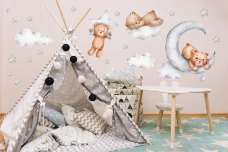 Naklejka na ścianę - misie i szare chmurki