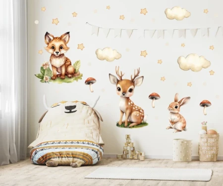 Naklejka na ścianę - leśne zwierzątka w stylu boho