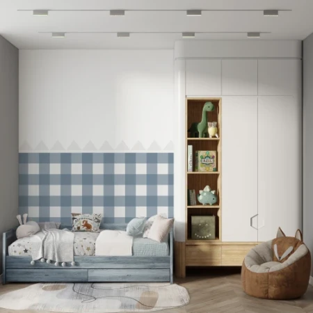 Dekoracyjna naklejka ochronna na ścianę (lamperia) – niebieska kratka