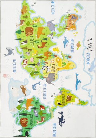 Dywan do Przedszkola KINDER MAPA ŚWIATA ZWIERZĄT Biały