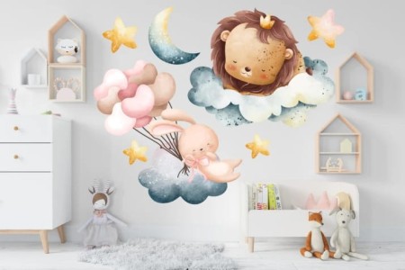 Naklejka na ścianę - śpiący lew i zajączek