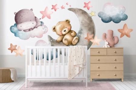 Naklejka na ścianę - śpiący miś i hipopotam