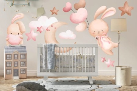 Naklejka na ścianę - króliczek w chmurkach