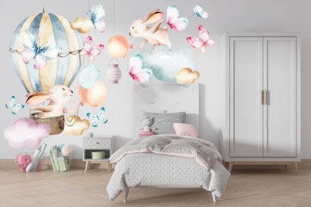 Naklejka na ścianę - króliczki w bajkowym niebie