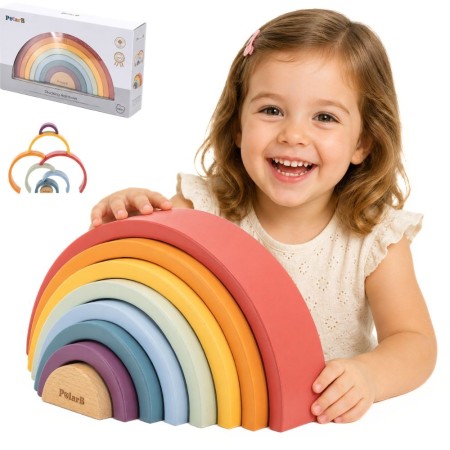 Drewniana tęcza Montessori, układanka kreatywna dla dzieci – wielokolorowa