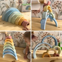 Drewniana tęcza Montessori, układanka kreatywna dla dzieci – pastelowa