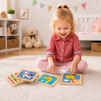 Drewniane puzzle ZWIERZĄTKA – 12 układanek ze stojakiem