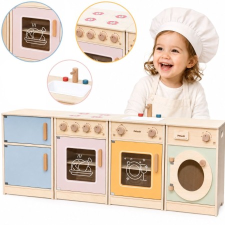 Drewniany zestaw kuchenny XL z lodówką, kuchenką, zmywarką i pralką