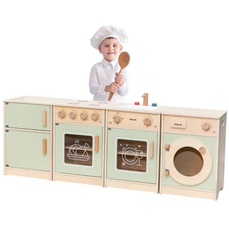 Drewniany zestaw kuchenny XL z lodówką, kuchenką, zmywarką i pralką – zielony