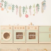 Drewniany zestaw kuchenny XL z lodówką, kuchenką, zmywarką i pralką – zielony